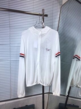 Thom Browne White Zip-Up Hoodie with Red & Blue Stripe Sleeves